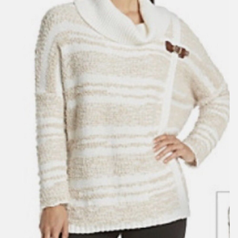 Calvin Klein Tan and White Cowl Neck Cape Buckle Long Sleeve Sweater Sz 0X/1X
